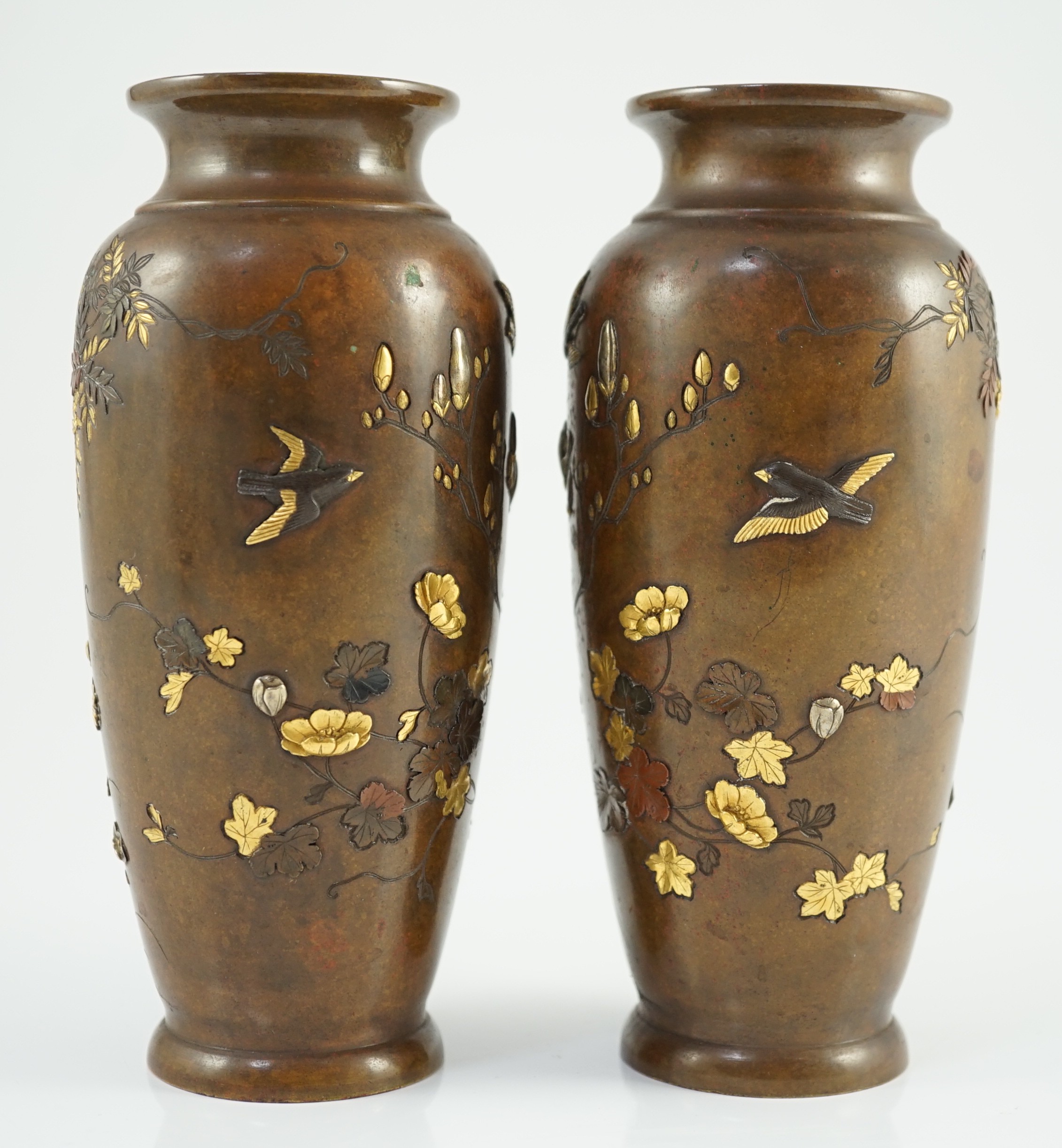 A pair of Japanese mixed metal bronze vases, by Nogawa workshop, Meiji period, 15cm high